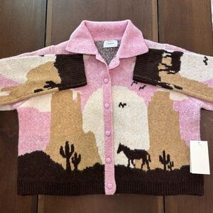PEACH Desert Scene Button-Up Cardigan in Pink, Brown & Tan